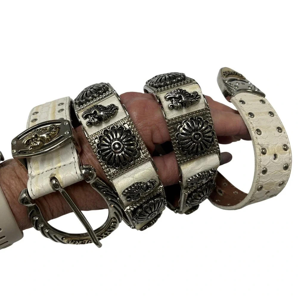 Cappopera Belt‎ White Leather Heavy Engraved Floral Silver Hardware Artsy Italy